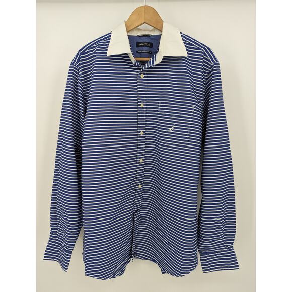 EUC Nautica Blue & White Striped Long Sleeve Button Up Dress Shirt 2-Ply Cotton - Picture 1 of 4